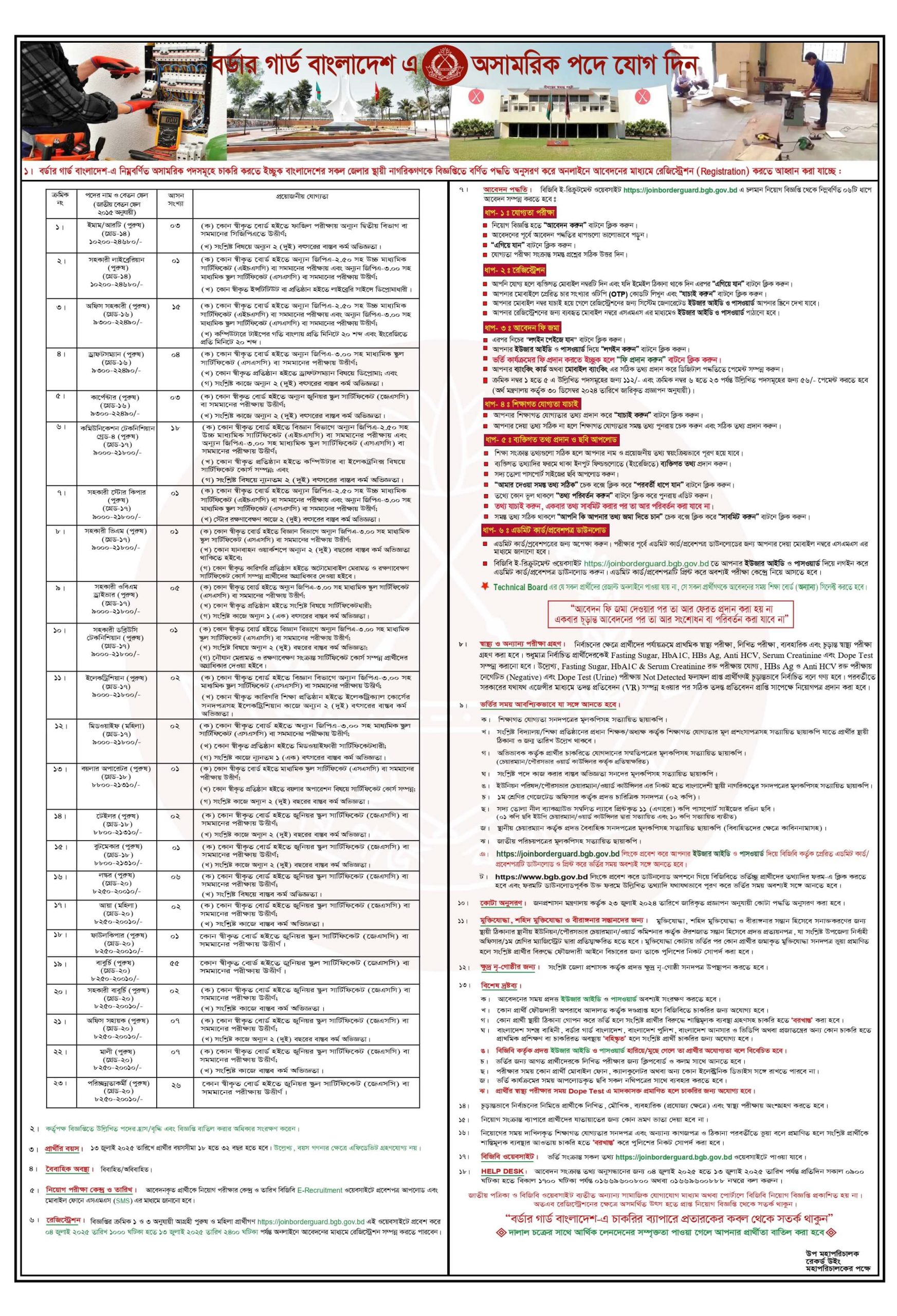 বিজিবি বেসামরিক নিয়োগ বিজ্ঞপ্তি BGB Civilian Job Circular 2025